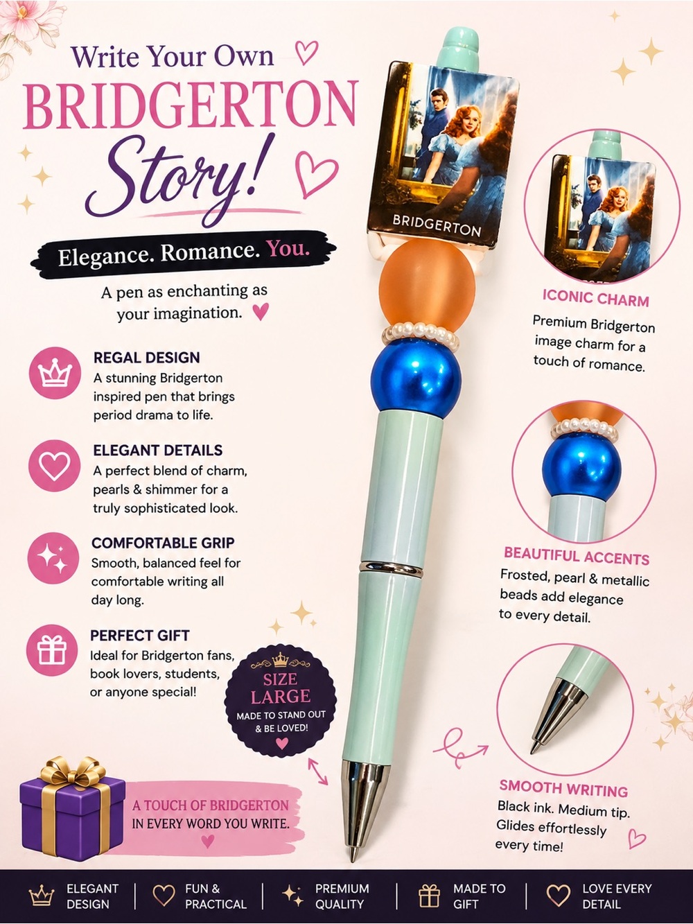Bridgerton-Inspired Mint and Blue Decorative Pen
